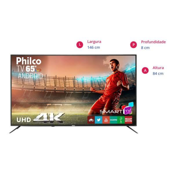 Smart TV LED 65 Philco PTV65A11DSGWA Ultra HD 4K com 3 HDMI e 2 USB Preta com Conversor Digital Integrado
